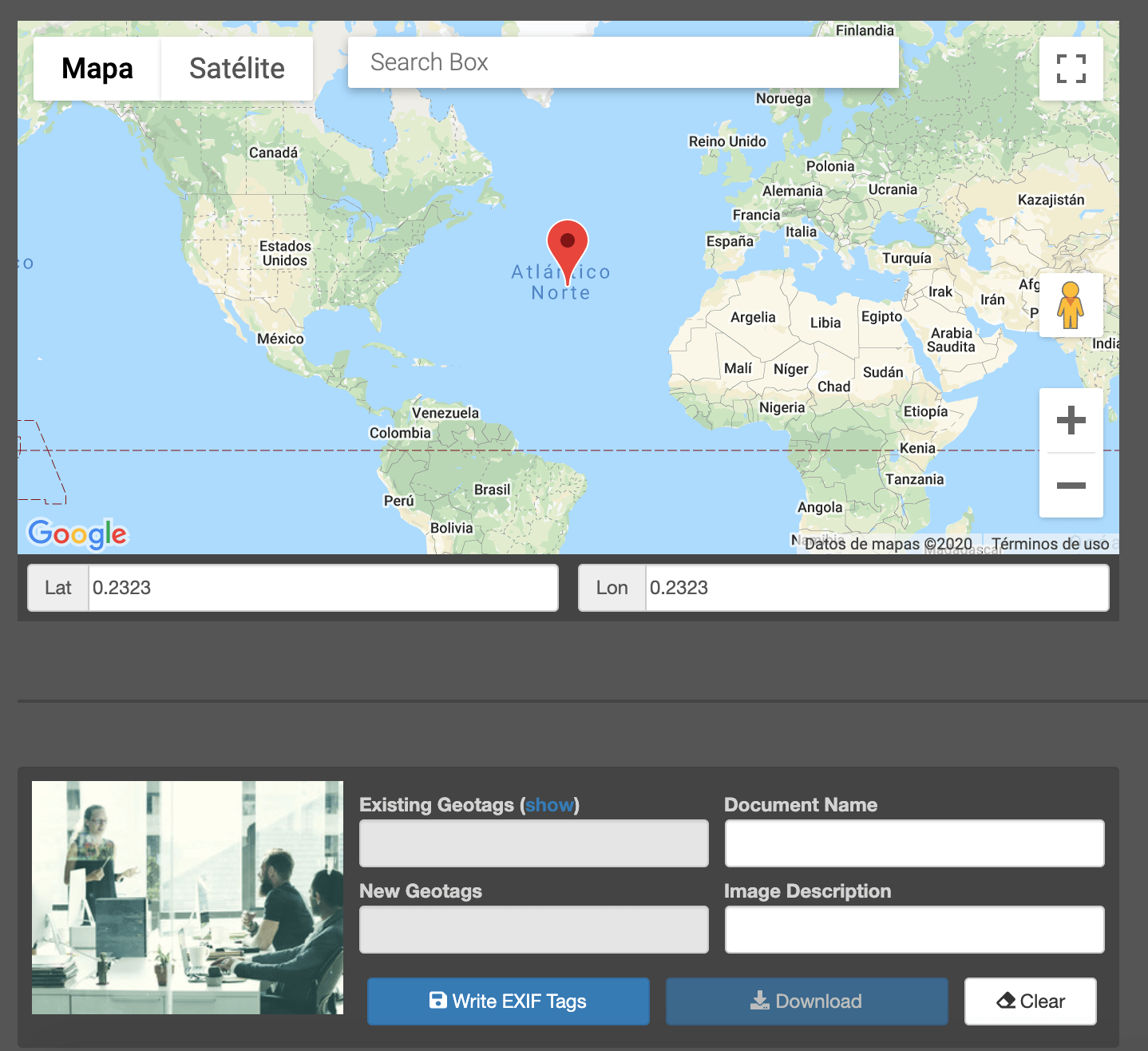 Captura de herramienta para geolocalizar imágenes en el mapa